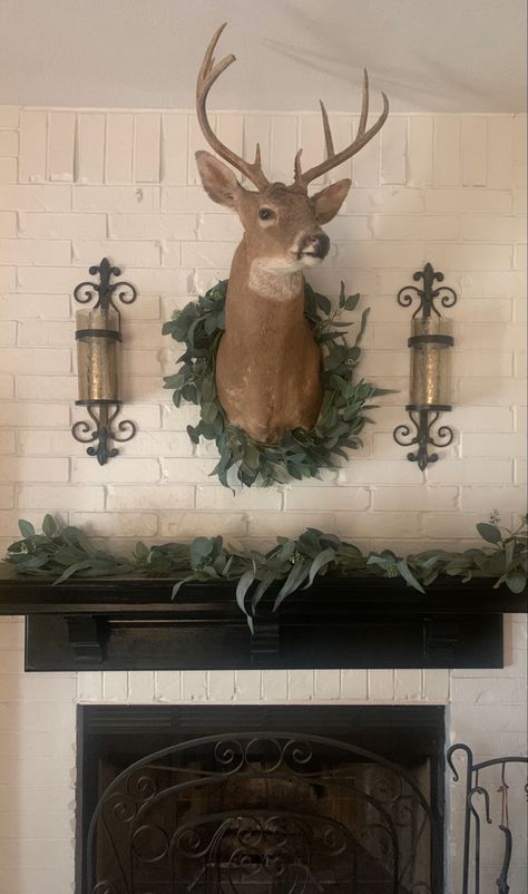 Decorative taxidermy 
Incorporate taxidermy into decor How To Decorate Around Deer Mounts, Deer Mounts Ideas, Deer Head Decor Living Room Farmhouse, Deer Mounts In Living Room Farmhouse, Deer Mounts In Living Room, Decorating With Deer Mounts, Small Hallway Table, Deer Mount Decor, Deer Head Decor