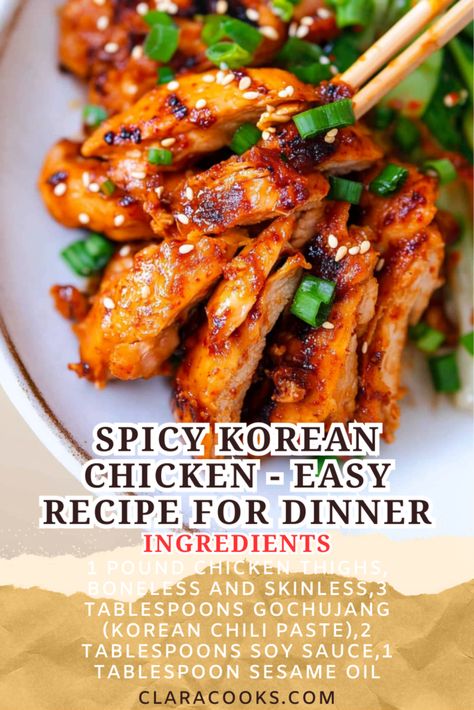 Spicy Korean Chicken - Easy Recipe for Dinner Korean Sauce For Chicken, Bulgogi Recipe Chicken, Korean Hot Chicken, Honey Gochujang Chicken, Cheap Korean Recipes, Korean Inspired Recipes, Ssamjang Recipe Food, Korean Recipes Chicken, Korean Gochujang Recipes