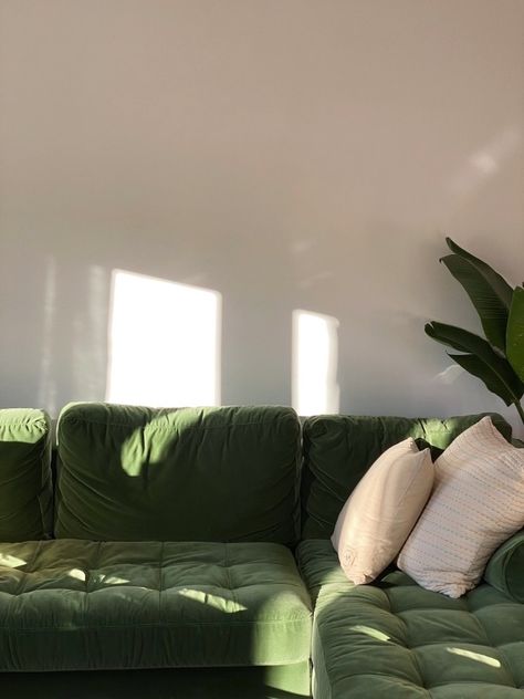 Green And Tan Aesthetic Living Room, Safe Green Couch, Green Studio Apartment Aesthetic, Green Couch Aesthetic Living Room, Green Couch Living Room Aesthetic, Green Couch Apartment, Emerald Green Sofa Living Room, Green Sofa Aesthetic, Green Couch Aesthetic