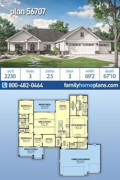 This is a new house plan by one of our most popular home designers. With 2230 sq ft of heated living space this one-story Texas ranch will likely join the ranks of most popular floor plans. A split bedroom layout offers privacy for the master suite. An office at the front of the house, walk-in pantry, informal dining and a large great room complete the first floor. The generous three car garage and covered porches are worth a look. Ranch 3 Bedroom House Plans, 3 Bedroom Office Floor Plans, One Story Open Floor Plan Farmhouse, Reverse Story And A Half House Plans, Ranch Home Plans 2000 Sq Ft, 4 Bedroom House Plans Open Floor Ranch 3 Car Garage, Split Ranch Floor Plans, 3 Bedroom 3 Bathroom House Plans, 3 Bedroom Ranch Floor Plans With Garage