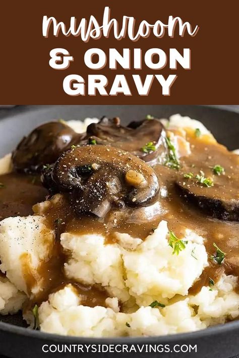 Mushroom Gravy Recipe Easy, Best Mushroom Gravy, Mashed Potatoes Chicken, Easy Mushroom Gravy, Brown Onion Gravy, Onion Gravy Recipe, Beef Gravy Recipe, Mushroom Dishes, Brown Gravy Recipe