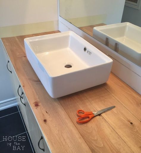 Bathrooms With Wood Countertops, Wooden Vanity Top Bathroom Vessel Sink, Wood Bathroom Countertop Vessel Sink, Wood Vanity Top With Vessel Sink, Bathroom Wooden Countertop, Natural Wood Bathroom Vanity Counter Tops, Wooden Bathroom Countertop Diy, Bathroom Wood Vanity Top, Wood Top Vanity Bathroom