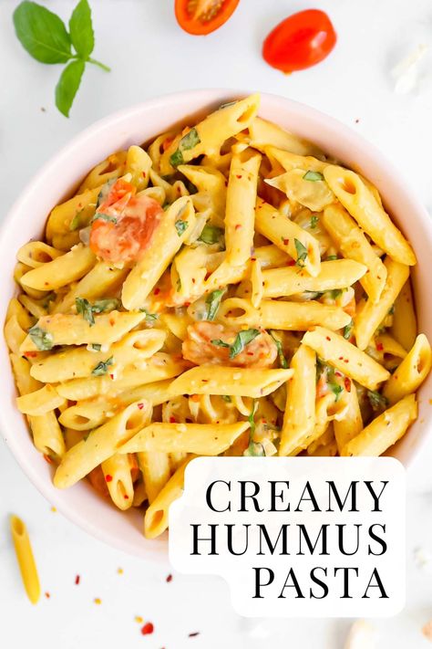 This creamy hummus pasta is the perfect easy dinner recipe to make as a weeknight dinner or meal. It's vegan and plant-based and full of amazing flavor. 4 Ingredient Creamy Hummus Pasta, Creamy Hummus Pasta, Hummus Pasta Recipe, Hummus Meal Ideas, Hummus Noodles, Plant Based Pasta Recipes, Vegan Hummus Pasta, Pasta With Salmon, Hummus Pasta