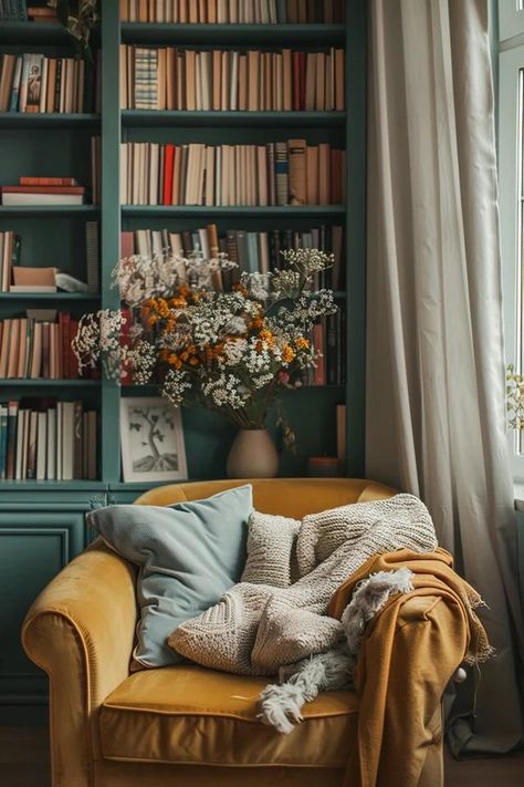 Reading Chair - Cozy Corner Ideas for Your Home Nook Reading Corner With Fireplace, Cosy Reading Area, Green Chair Aesthetic, Reading Chair Bedroom Cozy Corner, Cozy Reading Nook In Bedroom, Cozy Reading Corners In Small Spaces, Farmhouse Reading Corner, Library Corner Living Room, Adult Reading Corner