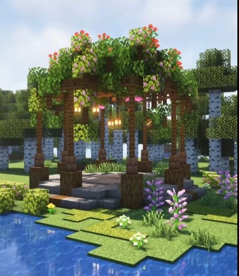 Minecraft Lush Garden, Minecraft Gazebo Ideas Design, Minecraft Garden Gazebo, Minecraft Outdoor Enchantment Room, Cottagecore Minecraft Mine Entrance, Minecraft Floating Garden, Minecraft Gazebo Design, Outdoor Enchanting Room Minecraft, Minecraft Spore Blossom