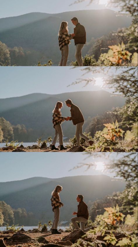 Proposal Ideas Arkansas, Proposal Mountain Ideas, Photo Shoot Proposal Surprise, Engagement In Mountains, Hike Proposal Photos, Big Sur Proposal, Casual Proposal Ideas, Mountain Top Proposal, Proposal On Mountain