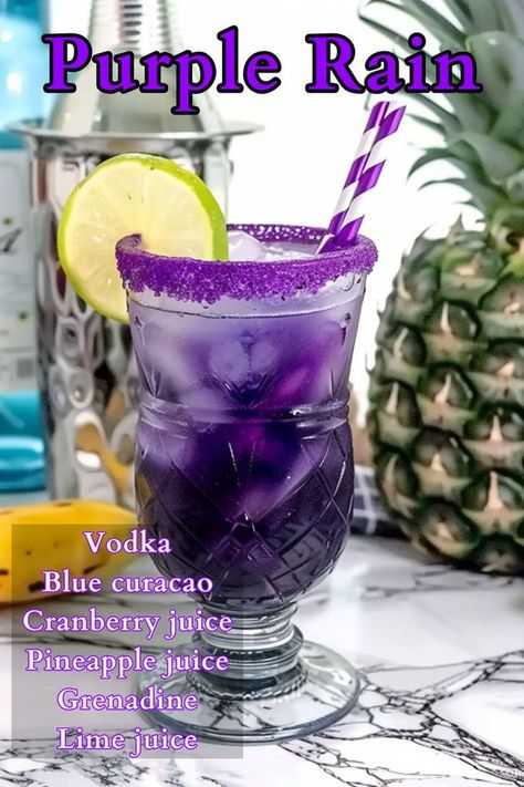 The Purple Rain cocktail is more than just a drink; it’s a vibrant celebration in a glass. Named after Prince’s iconic song and combining a dazzling array of flavors, this cocktail mixes blue curacao and grenadine to get a beautiful shade of purple. Ideal for festive occasions or when you simply want to impress, the Purple Rain is a surefire way to add a splash of color and excitement to any gathering. Drinks For Parties Alcoholic, Purple Rain Drink Cocktails, How To Make Mixed Drinks, Purple Mimosa Drink, Drinks To Make Alcoholic, Purple Vodka Cocktails, Purple Mixed Drinks Alcohol, Amf Drink Recipe, Alcohol Mixed Drinks Recipes