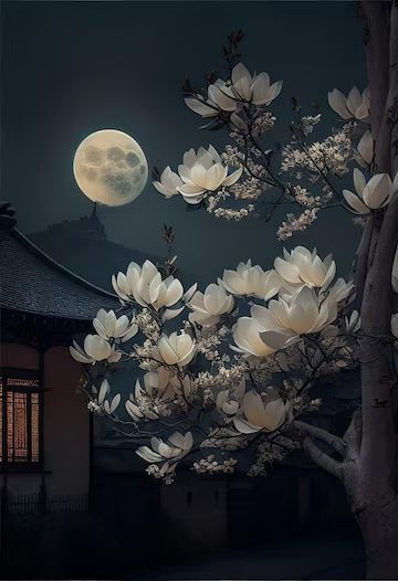 Moon And Trees Painting, Flowers In Moonlight, Moon Flower Tattoo, Tree With White Flowers, Moon People, Moon With Flowers, Moon And Flowers, White Flowering Trees, Style Roots