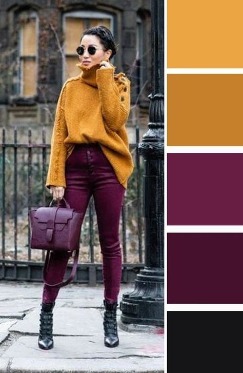 Warm Fall Color Palette Outfits, Winter Color Combos, Complementary Colors Fashion, Mustard Turtleneck, Crochet Pouches, Mustard Outfits, Autumn Color Palette Fashion, Deep Autumn Color Palette, Theatrical Romantic