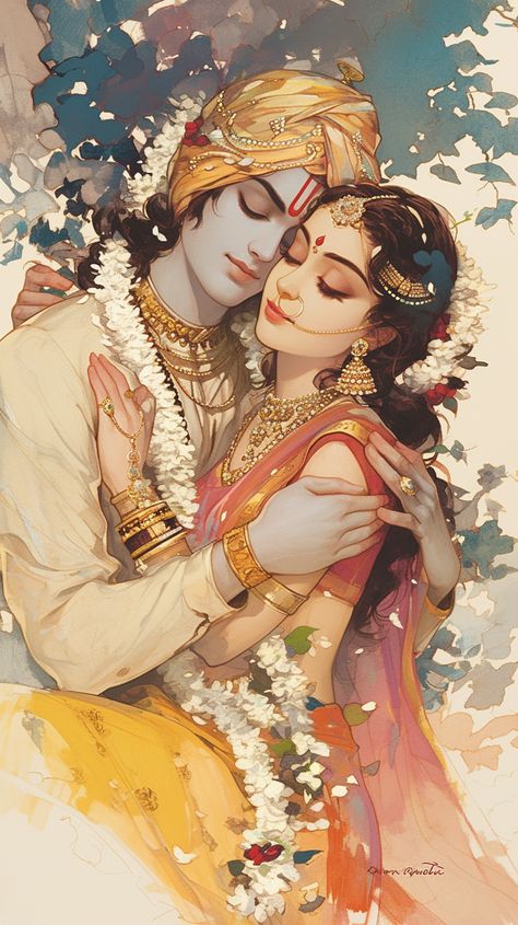 Celebrating Sita Navami, the birthday of Goddess Sita, the epitome of divine feminine power and beauty in Indian mythology. She embodies strength, dignity, and purity, an inspiring symbol of supreme virtue. Let's honor her steadfast spirit and grace. Divine Feminine Illustration, Indian Couple Drawing, Indian Mythology Art, Powerful Wallpapers, Radha Krishna Wedding, Sita Navami, Hindu Goddess Art, Ram And Sita, Radha Krishna Art Beautiful