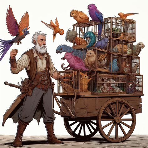 Dnd Pet Shop, D&d Shopkeeper, Fantasy Shop Keeper, Dnd Shop Art, Dnd Campaign Inspiration, Dnd Prisoner, Traveling Merchant Character Design, Npc Ideas Dnd, Dnd Shopkeep