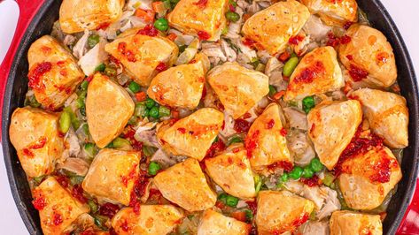 A creamy filling of skillet chicken   veggies is topped with golden buttermilk biscuits & drizzled with hot honey. Hot Honey Recipe, Pepperoni Chicken, Chicken Biscuits, Rachel Ray Recipes, Chicken Recipes Healthy, Rachael Ray Recipes, Chicken Veggies, Chicken And Biscuits, Rachel Ray