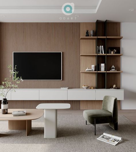 Floor To Ceiling Media Unit, Media Wall Scandi, Fluted Media Wall, Scandi Media Wall, Tv Wall Design Japandi, Japandi Tv Room, Muji Tv Cabinet, Fluted Tv Wall, Tv Wall Japandi