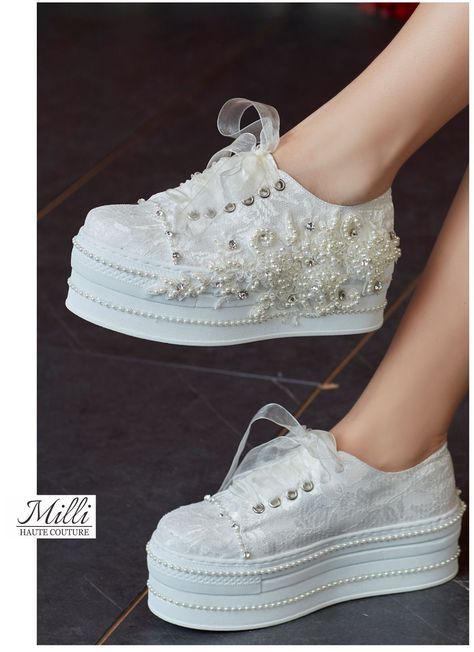 Wedding high platform sneakers shoes / Bridal lace sneakers decoraded with pearls / Organza ribbon laces comfort platforms for bride by MilliHauteCouture on Etsy Bride Platform Sneakers, Elegant Low-top Wedding Sneakers, Pearl Wedding Tennis Shoes, Wedding Low-top Sneakers With Rhinestones, Wedding Tennis Shoes, White Lace Shoes, Wedding Sneakers For Bride, Ivory Heels Wedding, Pearl Embellished Lace-up Wedding Sneakers