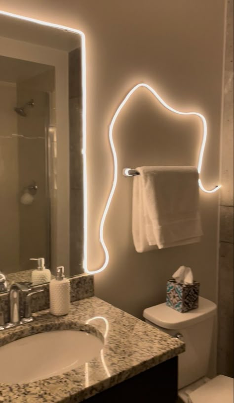 Led Lights For Bathroom, Bathroom Vibes Aesthetic Led Lights, Aesthetic Bathroom Ideas Apartment, Bathroom Decor Ideas Led Lights, Bathroom Inspo Led Lights, Shower Lamp Bathroom, Comfy Bathroom Ideas, Electric Bathroom Decor, Mood Lighting Bathroom