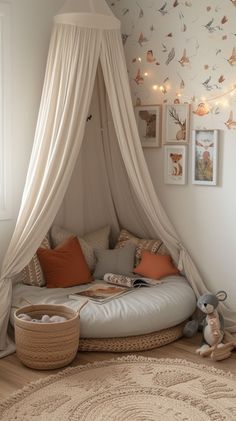 Reading Area In Nursery, Bedroom Corner Seating Ideas, Toy Room Reading Corner, Playroom With Reading Nook, Reading Corner With Hanging Chair, Cute Reading Nook Ideas, Comfy Nook Ideas, Reading Corner Inspo Bedroom, Cozy Pillow Corner