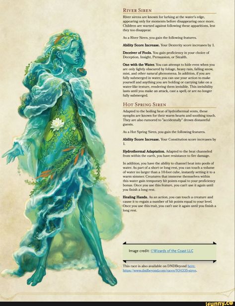 Unique Mythical Creatures, Fae Races Dnd, Water Druid Dnd, Dnd Fae Character, Fey Creatures Dnd, Dnd Asamir, D&d Creatures, Siren Dnd, Sea Elf Dnd