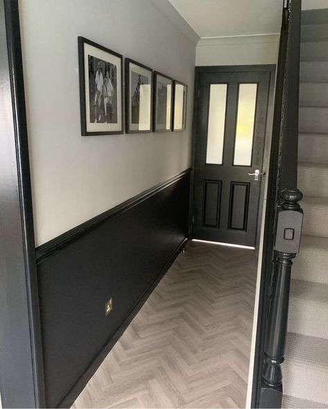 Black And Green Hallway, Dark Skirting Boards Hallway, Dark Grey Panelling Hallway, Hallway Paint Colors With Wainscoting, Tall Wainscoting Entryway, Black And White Paneling, Panelled Hallway Colour Ideas, Black Staircase Panelling, Black And White Wall Panelling