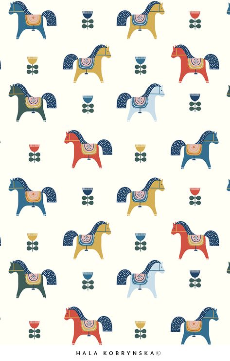 Pattern with horses inspired by scandinavian art. Scandinavian dala horse. Scandinavian flowers and traditional dala horses. Folk art pattern with colorful horses. Perfect for kids fabric, wallpapers  _  animal, background, cartoon, childish, colorful horses, cute, dala horse, danish, design, fabric, floral, flower, folk, folk art, folklore, horses, illustration, inspired by scandinavian art, kids, kids fabric, nature, nordic, nordic flowers, nordic ornaments, norwegian, ornament, pattern, print Scandinavian Horse Folk Art, Folk Animals Illustration, Dala Horse Art, Traditional Prints Pattern, Scandinavian Pattern Design, Danish Illustration, Horse Illustration Design, Cute Horse Illustration, Dala Horse Pattern