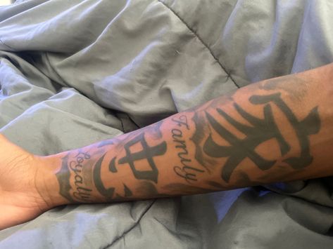 Family Forearm Sleeve Black Tattoo Family Loyalty Tattoo Family Loyalty Tattoo, Realize Everybody Aint Loyal Tattoo, Japanese Forearm Tattoo, Loyalty Tattoo, Tattoo Ideas Males, Hard Tattoos, Family Loyalty, Tattoo Family, Inner Forearm Tattoo