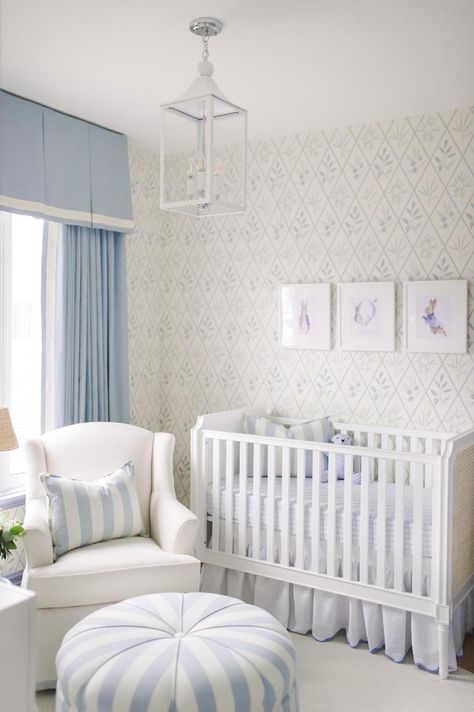 Traditional Blue & White Classic Boy's Nursery Cream And Blue Nursery, Traditional Blue And White Nursery, Coastal Grandmother Nursery, Grandmillenial Boys Nursery, Southern Nursery Ideas, Baby Blue Boy Nursery, Light Blue Boy Nursery, Grandmillenial Nursery Decor, Dusty Blue Nursery Boy