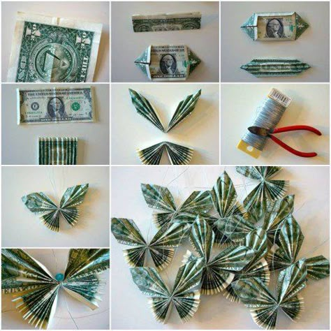 Can you imagine that you can make butterflies with money bills? I wish lots of such butterflies could fly to my home. 🙂 Heart Dollar, Make Butterflies, Money Lei Diy, Graduation Leis Diy, How To Make Butterfly, Graduation Money Gifts, Money Rose, Diy Graduation Gifts, Folding Money