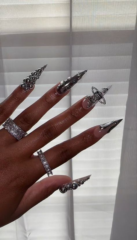 Unique Birthday Nails, Silver Junk Nails, Sharp Acrylic Nails, Mya Core, Stiletto Acrylic Nails, Acrylic Nails Stiletto, Punk Nails, Diy Acrylic Nails, Dope Nail Designs