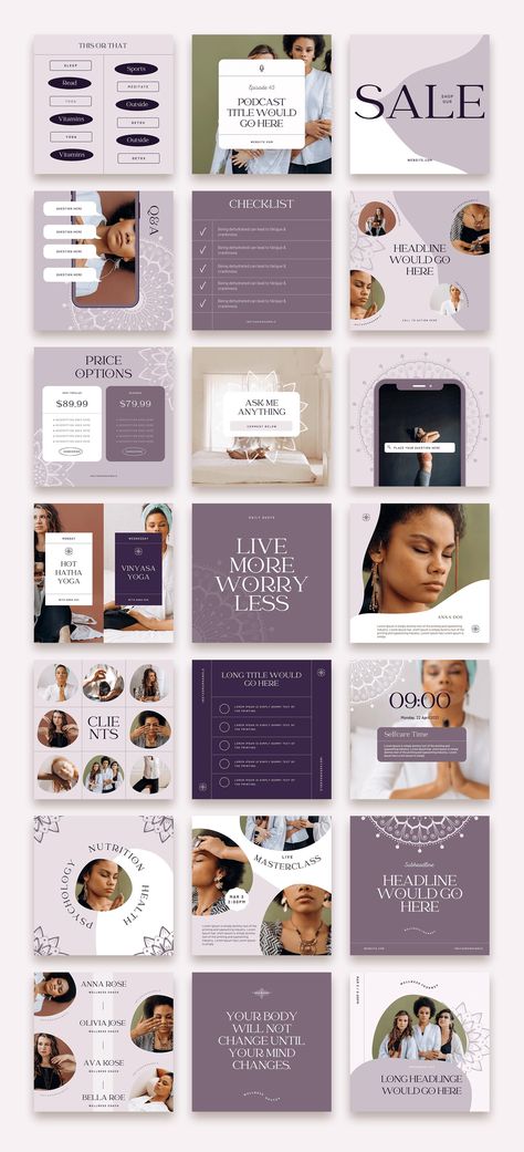 Beauty natural Esthetician Canva Instagram aesthetic Template Design for coaches Service based Small Business like skincare, Esthetician Makeup artist, lash and eyebrows hairstylist, spa salon facials, beauty blogs. Social media graphics post and story engagement booster, quotes, questions, price list, menu template layouts. Good Post ideas. Cute minimal. what to post on instagram. Beauty influencer, massage therapist. waxing. lash and hair extension. Instagram Layout Templates, Holistic Coach, Messages Instagram, Wellness Instagram, Instagram Design Layout, Instagram Feed Planner, Purple Mandala, Instagram Feed Layout, Coach Instagram