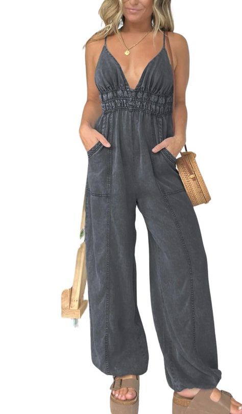 PRICES MAY VARY. 【PREMIUM FABRIC】The denim jumpsuit for women is made of soft and skin-friendly cotton fabric, that's lightweight and breathable, providing you a pleasant wearing experience. The Best Choice For Summer, Spring & Fall! 【STYLISH DESIGN】The women vintage smocked denim jumpsuit features sexy deep v-neck, adjustable spaghetti straps, stretchy high waist, wide leg design with drawstring, relaxed fit, 2 side pockets make this jean jumpsuit utility and stylish. This one piece outfits den Spaghetti Strap Jumpsuit, Winter Mini Dresses, Tencel Denim, Moda Denim, Jumpsuit With Pockets, Fitted Jumpsuit, Mini Robes, Chic Outfit, 70 Dress