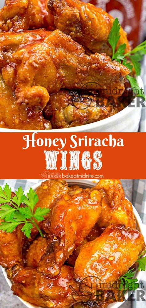 Yummy and tangy sriracha chicken wings easily done in the air fryer or oven. Siracha Chicken Wings, Chicken Wings Bbq, Honey Siracha Chicken, Wings Bbq, Sriracha Chicken Wings, Sriracha Wings, Chicken Wing Seasoning, Teriyaki Chicken Wings, Hot Wing Recipe