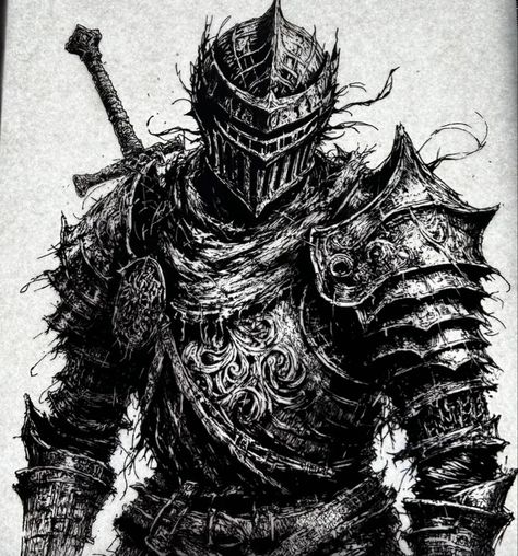 Dark Fantasy Icon, Knight Drawing Character Design, Dark Fantasy Sketch, Drawing Aura, Black Knight Art, Knights Tattoo, D&d Character Design, Dark Souls Pfp, Dark Souls Knight