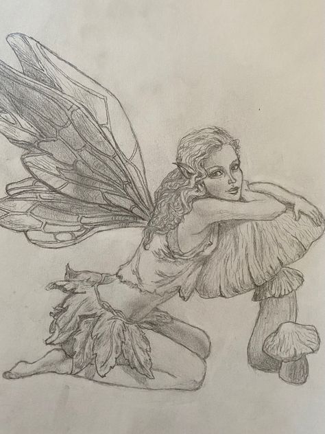 Fantasy Fairy Drawing, Fairy Figure Drawing, Earth Fairy Drawing, Realistic Fairy Drawing, Fairy Sitting Drawing, Fairy Sitting On Mushroom Drawing, Fairy Garden Sketch, Fairy Poses Drawing, Fantasy Drawings Pencil