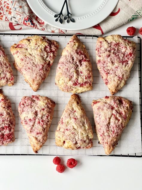 Sourdough Raspberry Scones (& a lemon glaze!) - Healing Slice Raspberry White Chocolate Scones Sourdough, Sourdough Discard Raspberry Scones, Sourdough Discard Recipes Raspberry, Sourdough Raspberry Lemon Rolls, Raspberry Sourdough Muffins, Sourdough Raspberry Scones, Raspberry Sourdough Bread, Raspberry Sourdough, Sourdough Scones Recipe