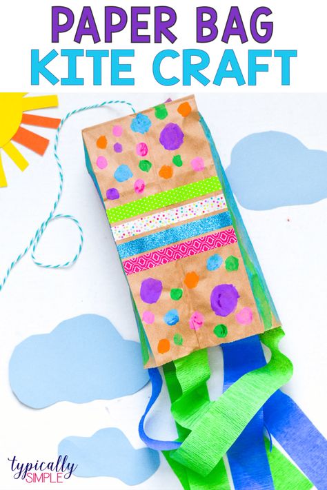 This paper bag kite craft is a fun way for kids to welcome spring! And all you need are just a few basic craft supplies! Paper Bag Kite, Kite Craft, Diy Kite, Kites Craft, Kite Making, April Crafts, Craft Projects For Adults, Paper Bag Crafts, Summer Camp Crafts