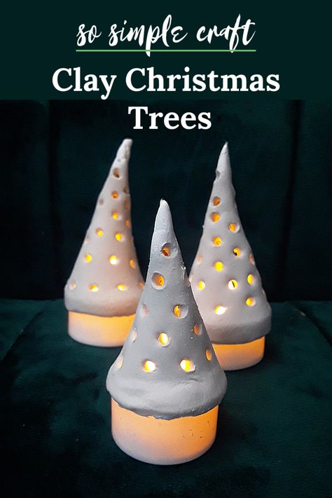 You'll love this easy craft for Christmas.  These little clay trees sit right on top of an LED tea light so they light up!  They won't take any time and very few materials. Natal, Air Dry Clay Christmas Tree, Clay Christmas Trees, Air Dry Clay Christmas, Clay Christmas Tree, Natural Holiday Decor, Mini Christmas Trees, Clay Christmas Decorations, Air Dry Clay Projects