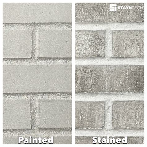 Painted Brick Veneer Exterior, Paint Grey Brick House Exterior, Painted Brick Interior Wall Grey, House Paint With Brick Exterior, White Siding With Grey Brick, White Brick With Gray Trim, Light Gray Painted Brick House Exterior, Gray Wash Brick Exterior, Light Brick Stain