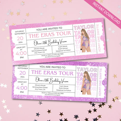 Celebrate in Style with our Taylor inspired Eras Tour Birthday Invitation! Transform your special day into an unforgettable event with our unique editable invitation designed to looks like a concert ticket. Perfect for Swifties of all ages, this invitation combines the excitement of a concert with the joy of a birthday celebration. Concert Ticket Invitation Birthday, Taylor Swift Party Invitations, Taylor Swift Eras Birthday Party, Swiftie Party, Eras Party, Taylor Swift Birthday Party Ideas, Swift Party, Era Tour, Taylor Swift Party