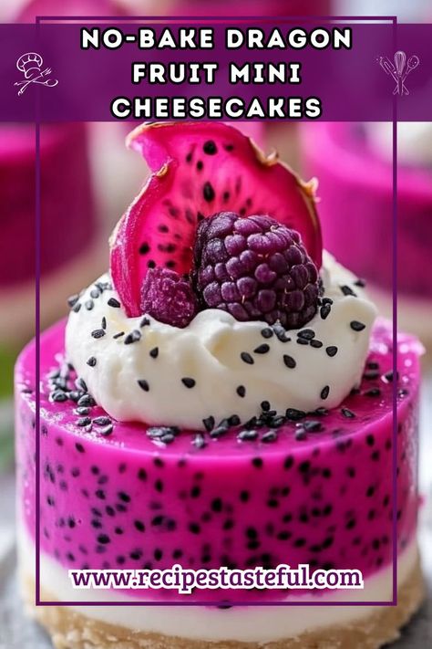 These colorful and refreshing No-Bake Dragon Fruit Mini Cheesecakes are a delightful treat for any occasion. With a creamy filling and vibrant dragon fruit layer, they are not only delicious but also visually stunning. Dragon Fruit Dessert, Fruit Cheesecake, Protein Smoothie Recipes, Vanilla Whipped Cream, Fruit Puree, Fruit Slice, Mini Cheesecakes, Whipped Topping, Graham Cracker Crumbs