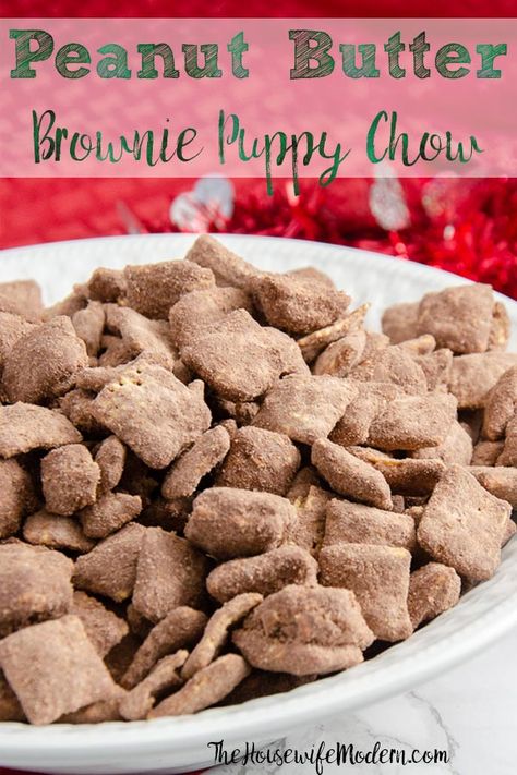 Peanut Butter Brownie Puppy Chow Recipe. The delicious brownie twist on classic Chex mix muddy buddies is going to leave people begging for more. #browniebatterpuppychow #browniepuppychow #peanutbutterbrowniepuppychow #puppychow #muddybuddies #browniemuddybuddies Chocolate Peanut Butter Muddy Buddies, Muddy Buddy Recipe Peanut Butter, Muddy Buddy Recipe No Peanut Butter, Puppy Chow Chex Mix Recipe Peanut Butter, Homemade Muddy Buddies Puppy Chow, Puppy Chow Snack Mix Recipe, Chex Mix Muddy Buddies, Puppy Chow Chex Mix Recipe, Chex Mix Puppy Chow