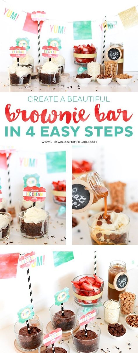 Create a Beautiful Brownie Bar in 4 Easy Steps - Printable Crush Brownie Sundae Bar, Ideas For Party Food, Gourmet Burger Bar, Oatmeal Bar, Party Food Bars, Salsa Bar, Bagel Bar, Party Food Bar, Brownie Sundae