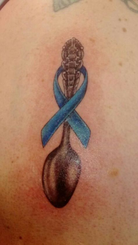 Spine spoon tattoo for spoon theory with ribbon for Ankylosing Spondolitis awareness. Tattoo April 2017 KJ Spoon Tattoo Ideas, Epileptic Tattoo Ideas, Spoon Theory Tattoo, Spoonie Tattoo, Multiple Sclerosis Tattoo, Spoon Tattoo, Crohns Tattoo, Grandparents Tattoo, Random Tattoos