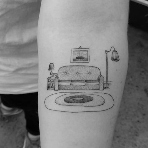 Room Tattoo Design, Living Room Tattoo, Armchair Tattoo, Sofa Tattoo, Couch Tattoo, Cozy Tattoo, Furniture Tattoo, Room Tattoo, Lamp Tattoo