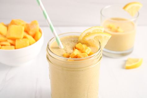 Oat Milk Mango Smoothie - Plant Based Jess Oat Milk Smoothie, House Plans 3d, Terrace Roof, Perfect Healthy Breakfast, Milk Smoothie, Mango Smoothie, Oat Milk, Frozen Banana, Almond Butter