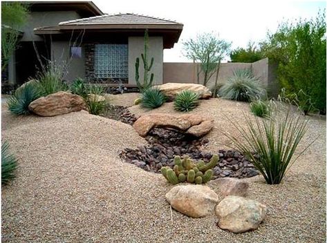 This one is our favorite. Like the mounds,  "stone pond", color scheme, also really like the rock bridge. Arizona Backyard Landscaping, Desert Landscape Front Yard, Desert Backyard, Arizona Backyard, Front Yard Decor, Landscaping Garden, Rock Garden Landscaping, Desert Garden, Landscape Designs