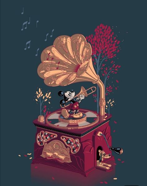 Disney Music Box, Arte Peculiar, Disney Fanart, Disney Music, Pinturas Disney, Cute Disney Wallpaper, Record Player, Disney Fan Art, Disney Drawings