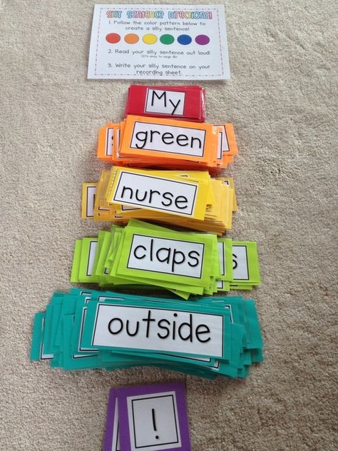 Silly sentences - for build sentence patterns with various nouns, verbs, articles, etc. Have kids write a story that includes the sentence they created. Phonics Stations 2nd Grade, 3rd Grade Word Work Centers, Sentence Building Activities 3rd Grade, 2nd Grade Word Work Centers, Grade 1 Fun Activities, Word Work Ideas, Classroom Stations, Word Work Stations, Silly Sentences