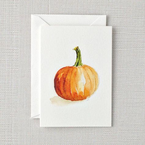 A mini notecard for petite greetings. Perfect for adding to a gift or popping in a gift card for a pretty (and easy!) presentation. Details: - single card + envelope + sticker for sealing - blank inside - 2.5" x 3.5" - Printed on 120lb superfine paper - Original watercolor artwork by Emily Lex Easy Pretty Paintings, Fall Watercolor Cards, Fall Place Cards, Pumpkin Watercolor, Envelope Sticker, Mini Watercolor, Fall Greeting Cards, Book Furniture, Autumn Watercolor