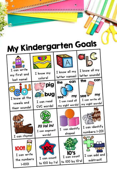 Kindergarten goals chart of I can statements of common skills mastered in kindergarten as well as assessments/ goal tracking for these skills.  Perfect student and parents friendly resource to see what is expected in kindergarten.  Great resource to provide to parents at the beginning of the year and to use with students throughout the year for kindergarten goal setting. Included in black as white as well as an editable version. My Kindergarten Goals, Everything I Learned In Kindergarten, Kindergarten Goals Checklist, 1st Grade Learning Goals, Kindergarten Expectations, Goal Setting Activity, Goals Chart, Kindergarten Goals, Goal Sheet