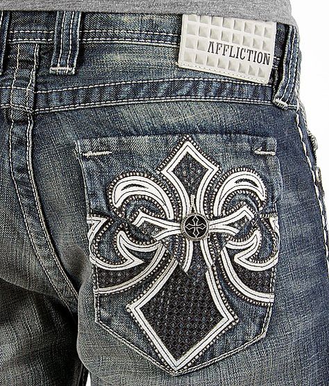 Affliction Pants, Jeans Back Pocket Design, Y2k Jeans Men, Y2k Mens Fashion, Robins Jeans, Jeans Back Pocket, Rock Me Amadeus, Expensive Jeans, Rock And Roll Jeans