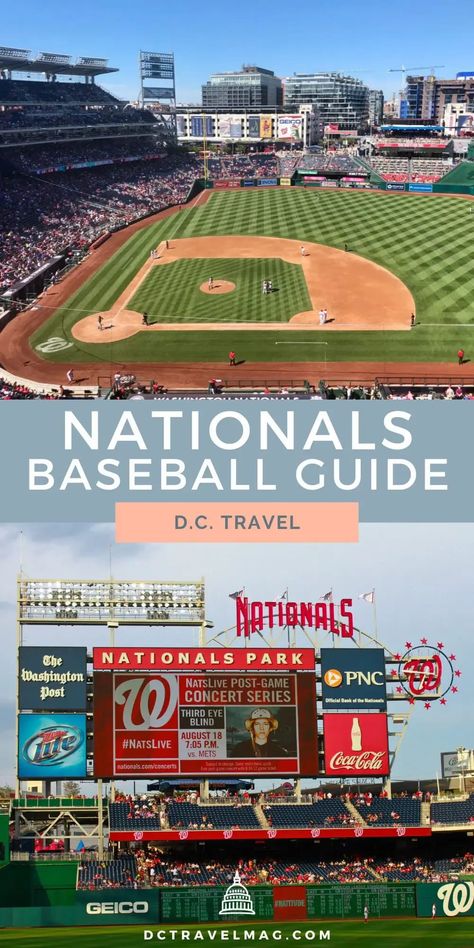 Your guide to attending a Washington Nationals baseball game at Nationals Park in Washington, D.C. From food, to what to wear, how to chant and more. Washington Dc Attractions, Washington Dc Travel Guide, Washington Dc With Kids, National Games, Baseball Park, Washington Dc Travel, Nationals Baseball, Dc Travel, National Stadium